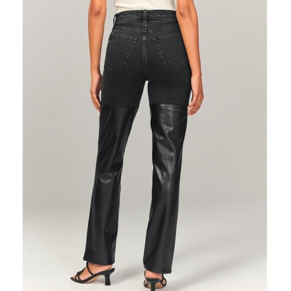 Abercrombie Faux Leather Denim Black Curve Love 90s Straight Jeans Women 25 - Picture 1 of 14